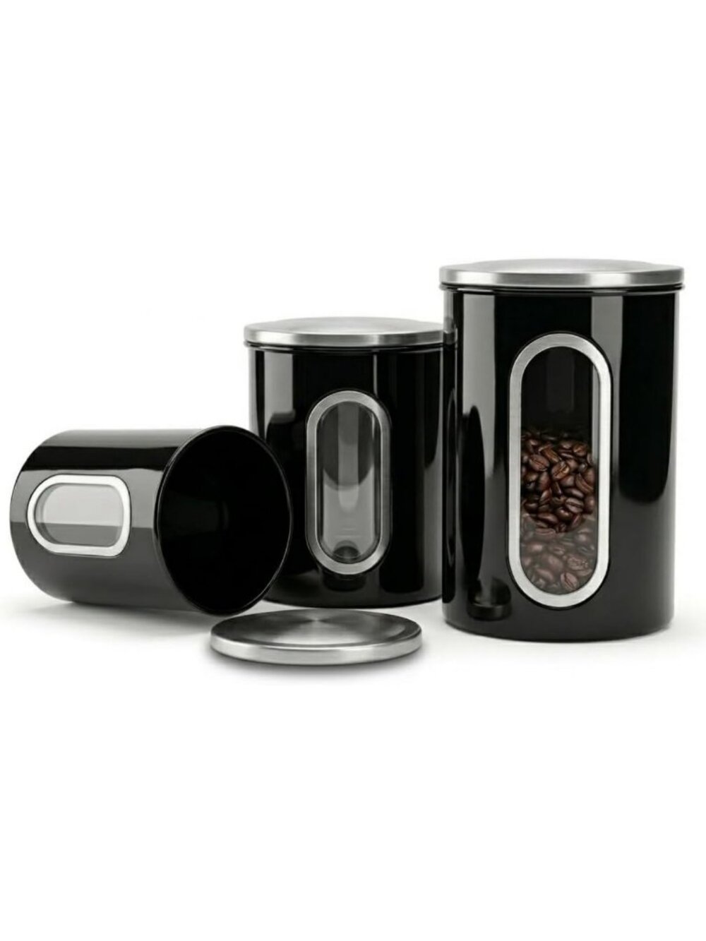 Airtight Black Kitchen Canisters Set - 3-Piece Storage Jars for Food & Pantry